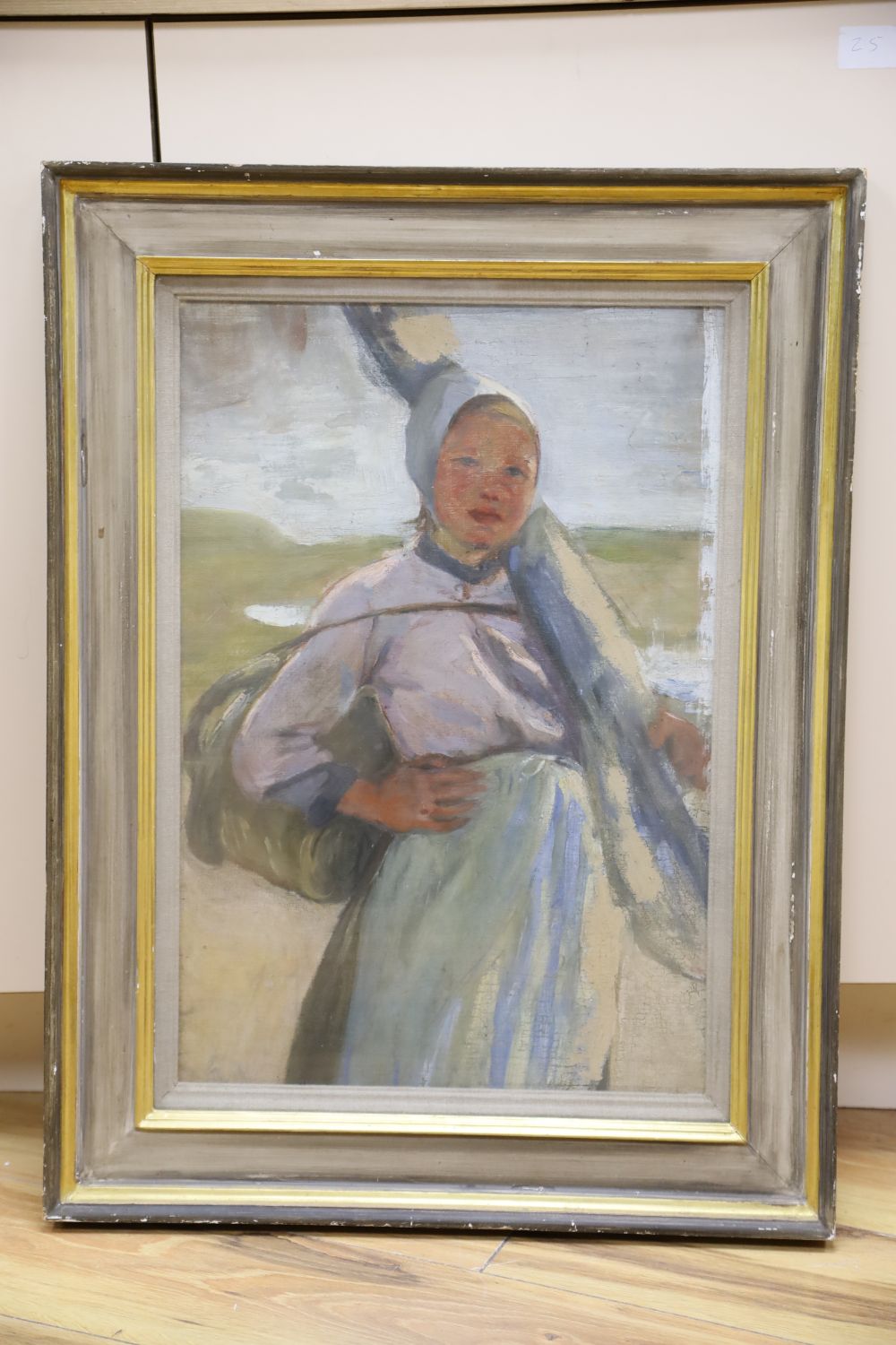 English School c.1900, oil on canvas laid on board, Sketch of a Breton fishergirl, 51 x 35cm